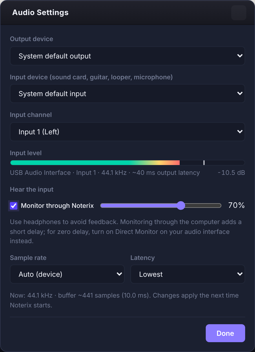 Audio Settings with output and input device, input channel, monitoring, sample rate and latency