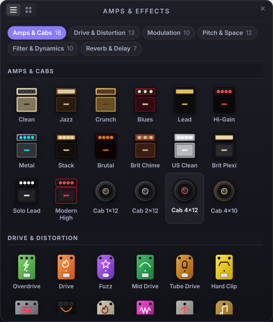 The Amps & Effects browser in Noterix, showing amps and cabinets grouped by category