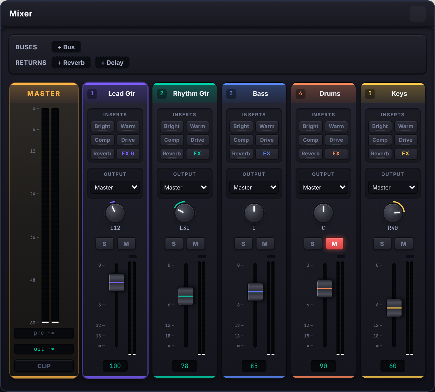The Noterix mixer with a master strip and five coloured channel strips