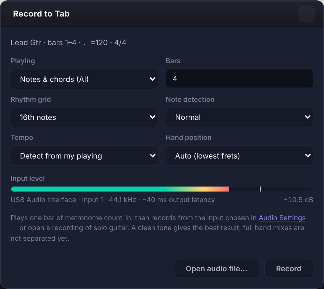 The Record to Tab panel with playing style, bars, rhythm grid, tempo and hand position